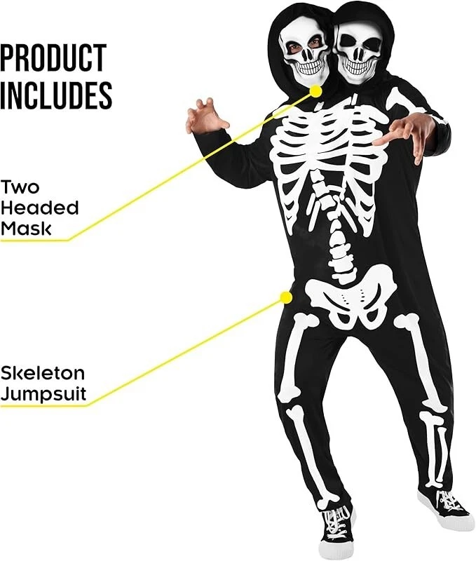 Adulto 2 Cabezas Esqueleto Disfraz Hombre Mujer Miedo Halloween Doble Cabeza Traje Foto 2 de 4