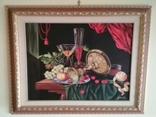 Dipinto olio su tela 50x60 cm di Michele Spinali anno 2001 "Frutta e Calici"