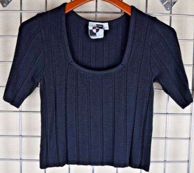 Vintage Knit Top Its Our Time Size S/M 80s Black Ribbed Soft Stretch Rayon Blend