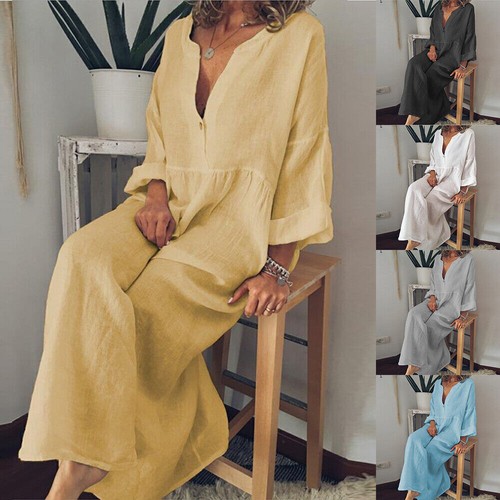 Womens V Neck Baggy Kaftan Maxi Dress Ladies Casual Long Sleeve Holiday Sundress