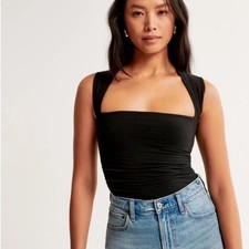 Abercrombie Fitch Black Square Neck Ruched Sides Tank Bodysuit Size XS