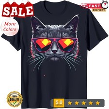 Cool Cat Graphic on Black T-Shirt Stylish Feline Design with Sunglasses