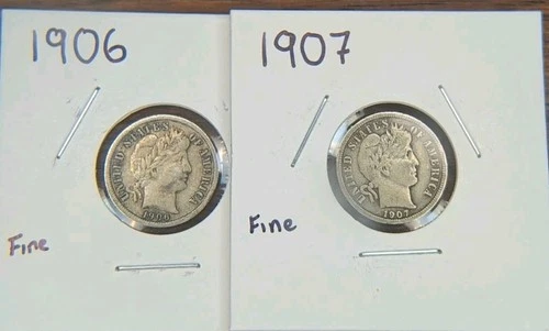 Pair Of  Barber Dimes 1906 & 1907 - 90% Silver Coin - FINE  #029