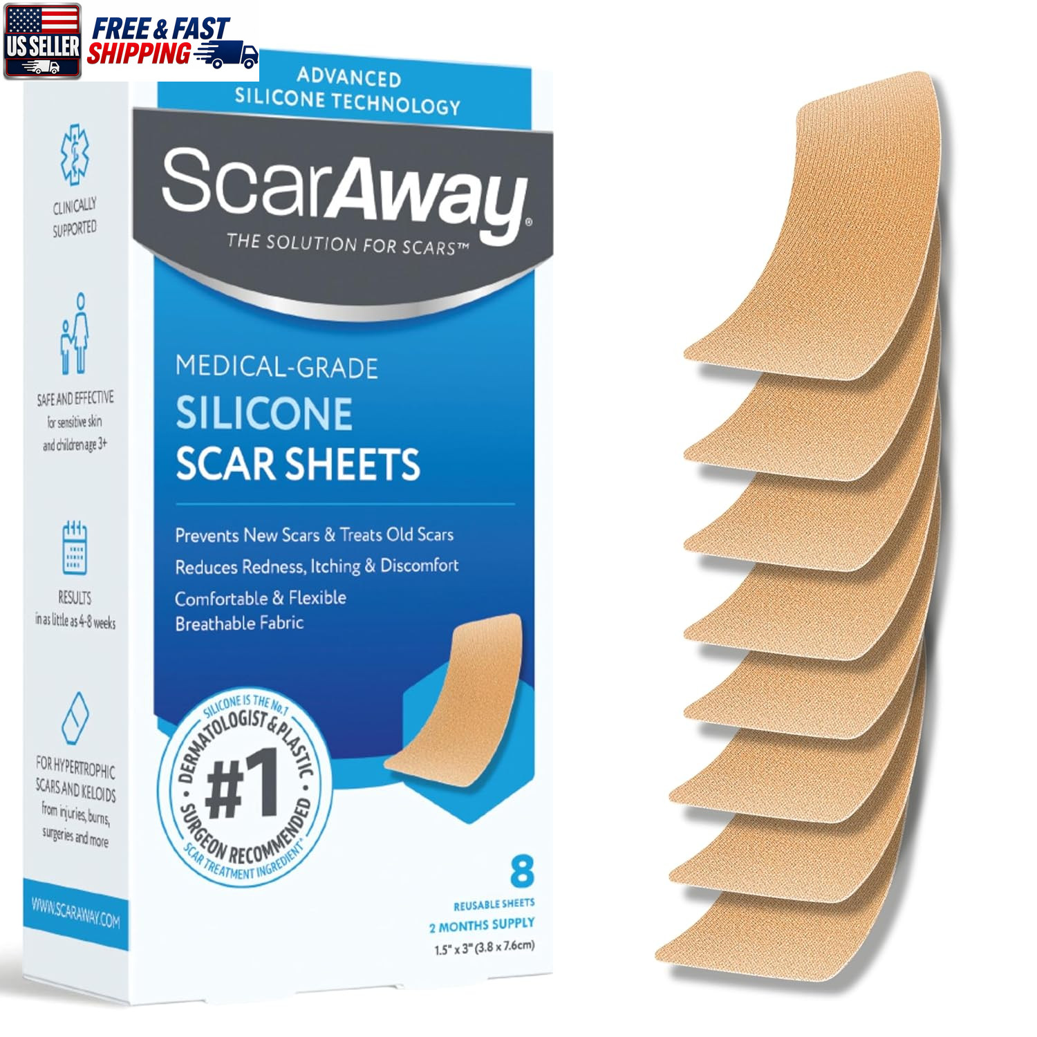 Scar Fabric Sheets, Medical Grade Silicone, 1.5X3In, 8 Ct | Reusable Strips, Tre
