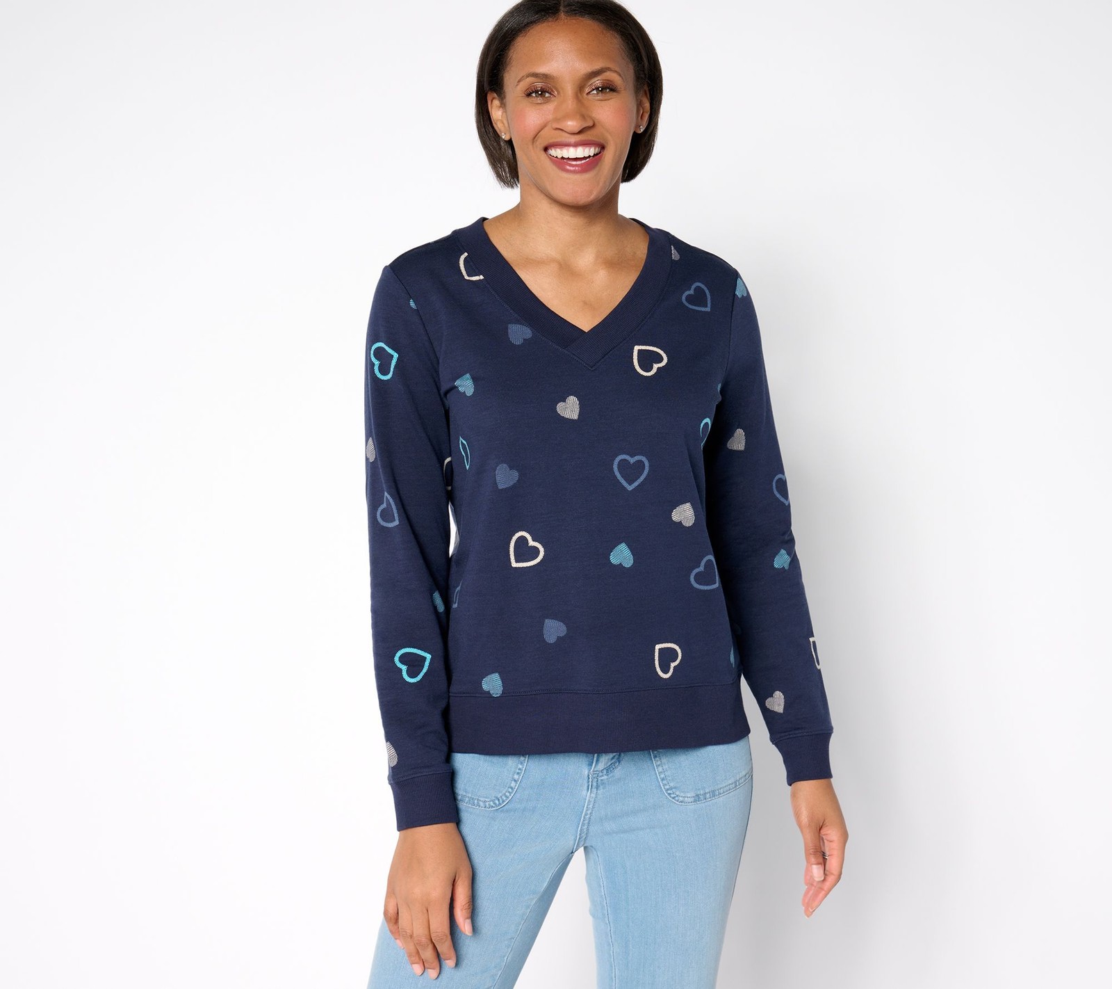 Anybody Women's Top Sz M Cozy Knit French Terry Heart Printed Blue A675265