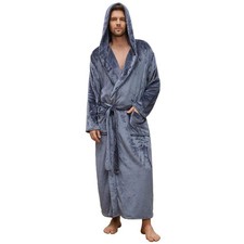 Mens Hooded Robe,Full Length Big/Tall Fleece Bathrobe w/Pockets,L/XL DarkGrey