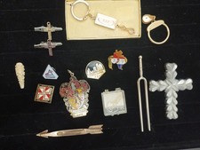 Vintage Junk Drawer Lot Keychains/Collector Pins/Tuning Fork/TieClip Misc Items