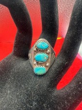 Turquoise Silver Ring Native American Southwestern Style 3 Stone Size 10