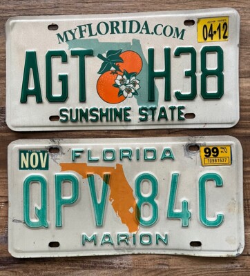 2 Florida License Plates 1999 #QPV 84C And 2012 #AGT H38
