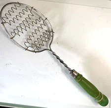 Whisk Egg Beater Twisted Wire Mid Century Green Wood Handle Kitchen Tool