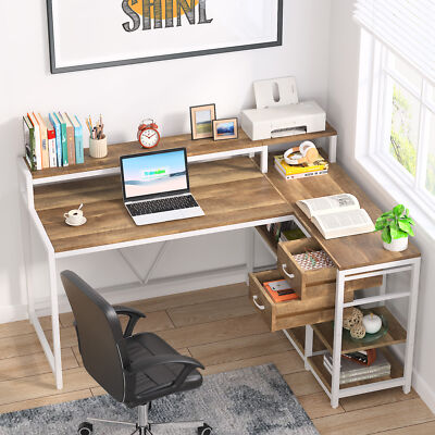 L-Shaped Computer Desk Workstation with 2 Drawers, Storage Shelf, Monitor Stand