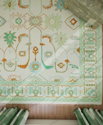Oushak Rug 9x12, White Green Blue Rug 8x10, Handmade Modern Turkish Rug .