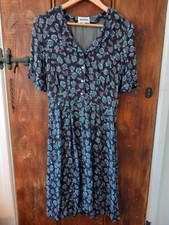 Brora Blue Floral Viscose Wool Button V Neck Tea Dress • Silk Lined • 10