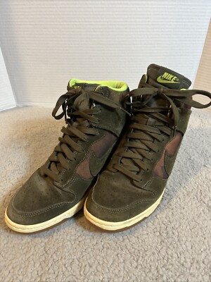 Nike Dunk Wedges Sky Hi Essential Women SZ 10 Camouflage Shoes Green Brown Suede