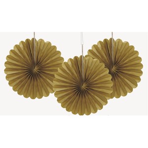 Gold Mini Fans 3pk Paper Party Decoration Wedding Baby Shower Bbq
