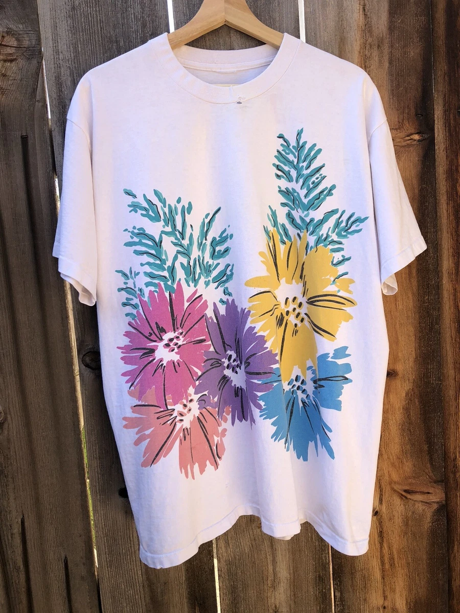 VTG 90s Colorful Flowers Big Graphic T Shirt Fits Medium/ Large Single Stitch