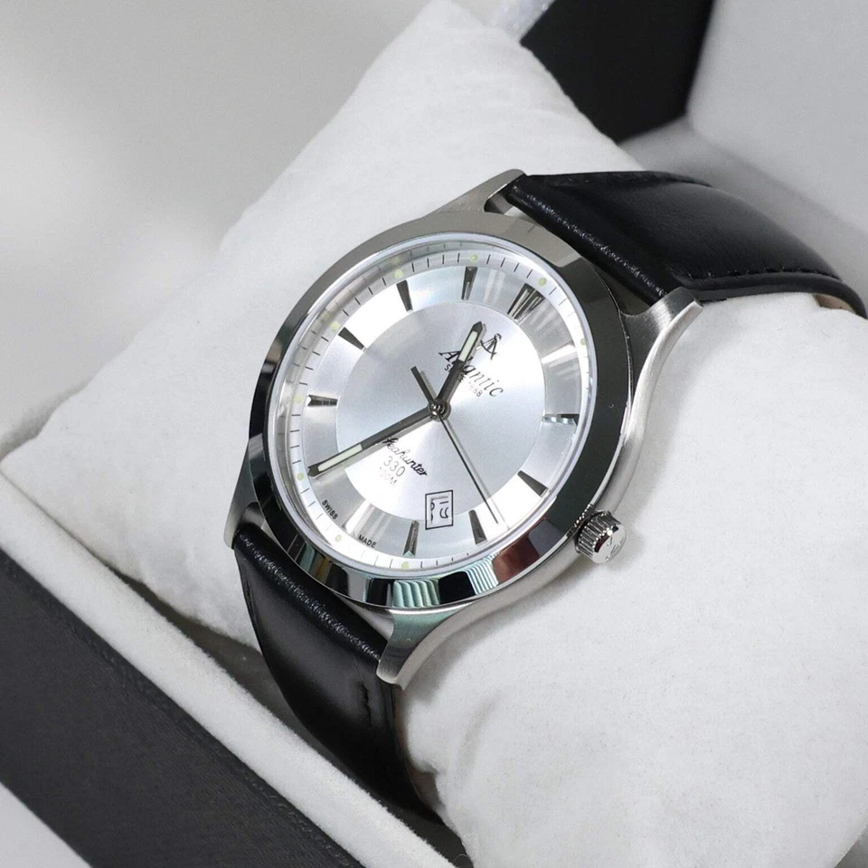 Reloj para hombre Atlantic Seahunter 330 esfera plateada correa de cuero negro 71360.41.21 Foto 3 de 4