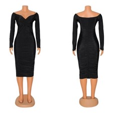 Sexy New Women Long Sleeves V Neck Bodycon Pleated Solid Patchwork Club Dress