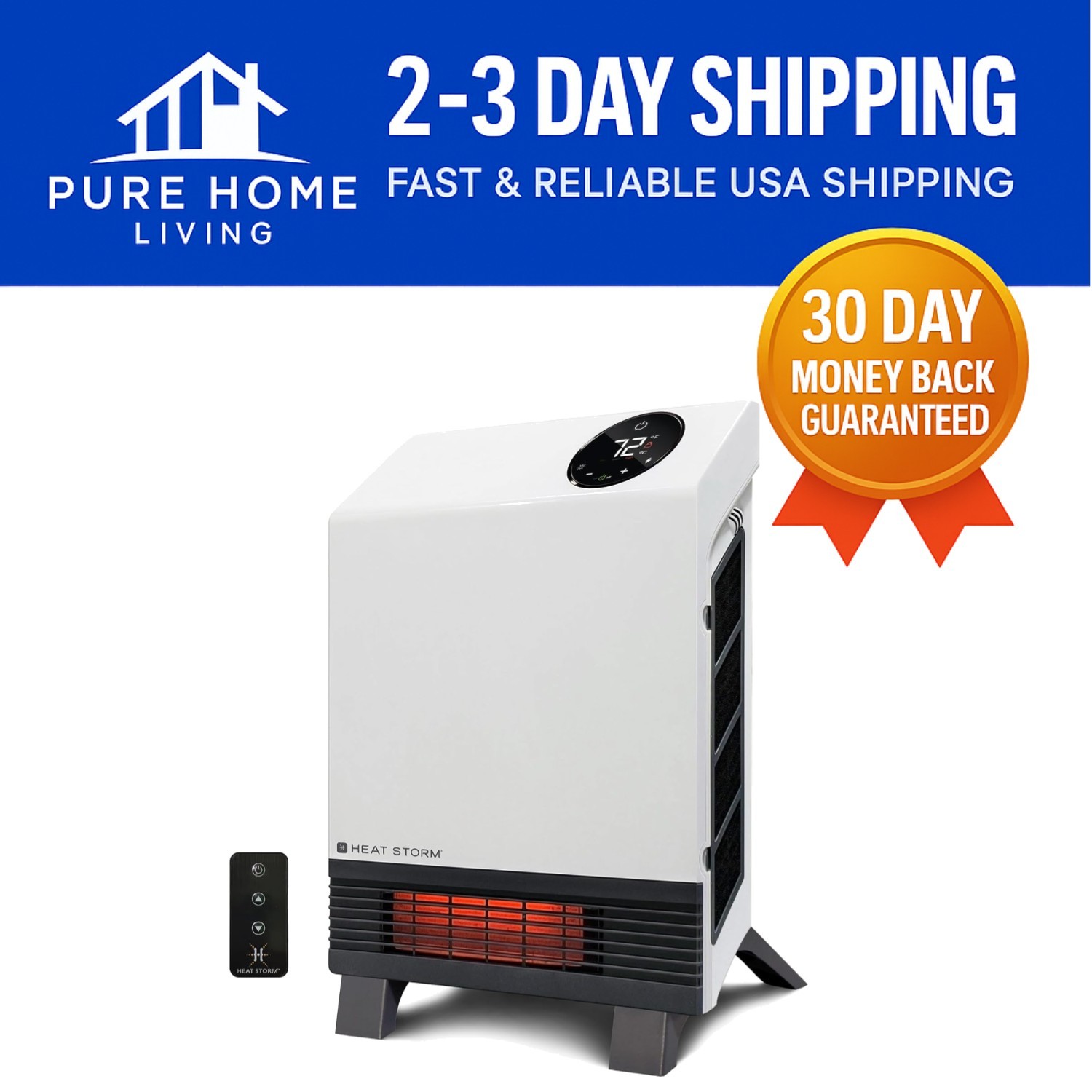 Compact Infrared Quartz Heater with Built-in Thermostat & Remote Control - 1000W