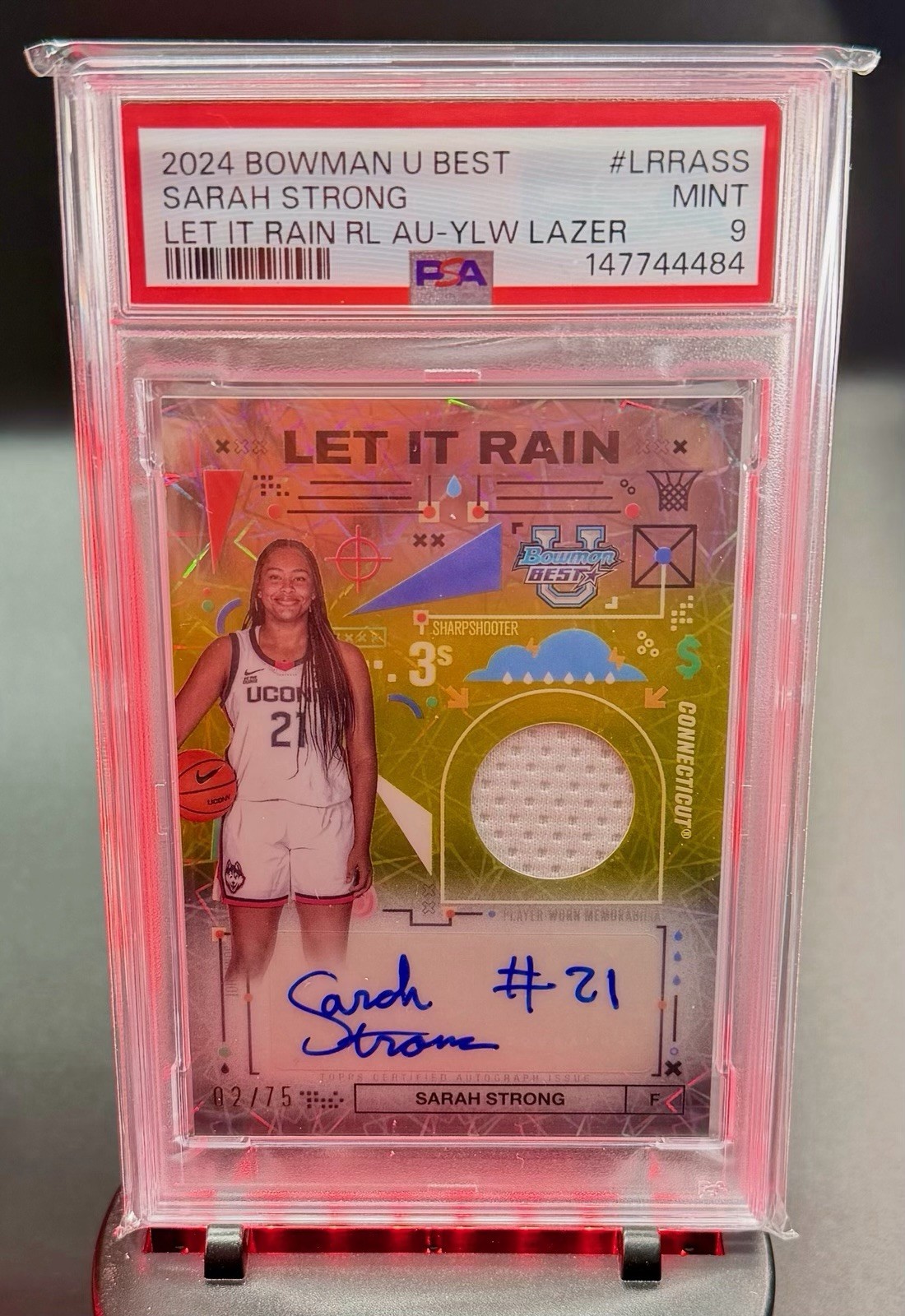 2024-25 Bowman Best U Sarah Strong Let It Rain Yellow Lazer Patch Auto /75 PSA 9
