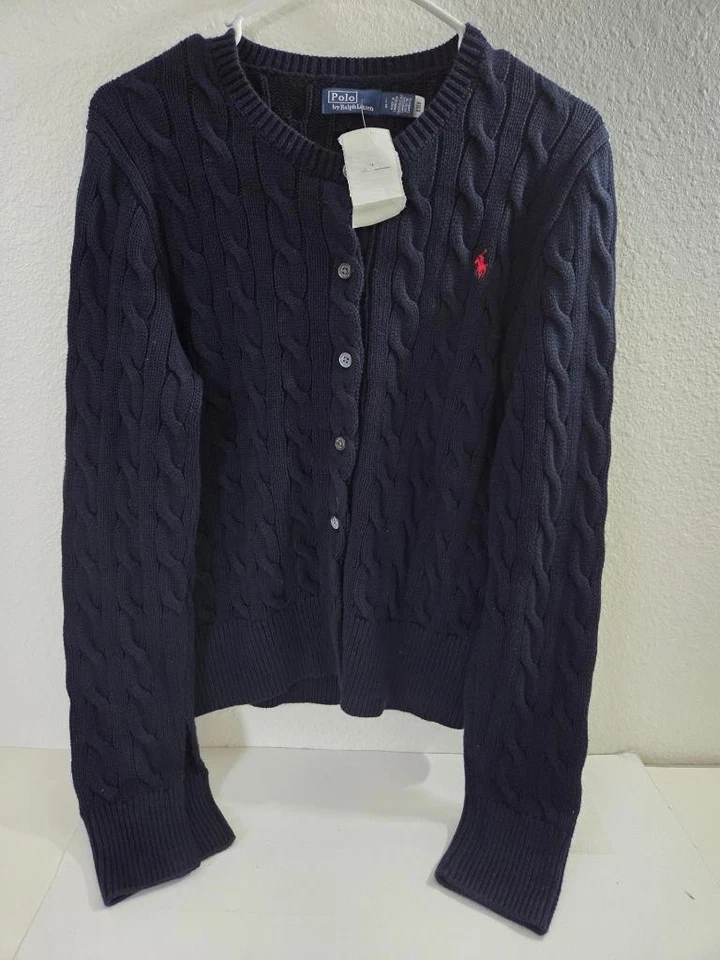 Polo Ralph Lauren女式海军蓝电缆针织棉圆领开衫毛衣L — 第 2/4 张图片