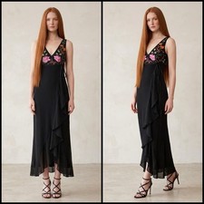 Vintage Dusk Y2K Black Floral-Embroidered V-Neck Ruffle Cascade Maxi Dress 6