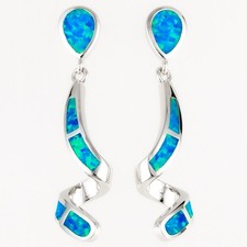 Long Twisted Ocean Blue Fire Opal Silver Jewelry Drop Pierced Earrings