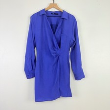 ZARA Long Sleeve Faux Wrap Dress Ruched Size L Royal Blue V Neck Cocktail Chic