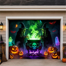 Halloween Garage Door Cover 8x7 FT - Witch Pumpkin Design for Outdoor Decor