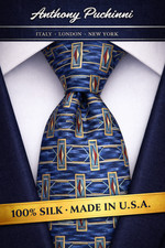 Anthony Puchinni Tie Mens Blue Silk Geometric Classic Luxury Made In USA