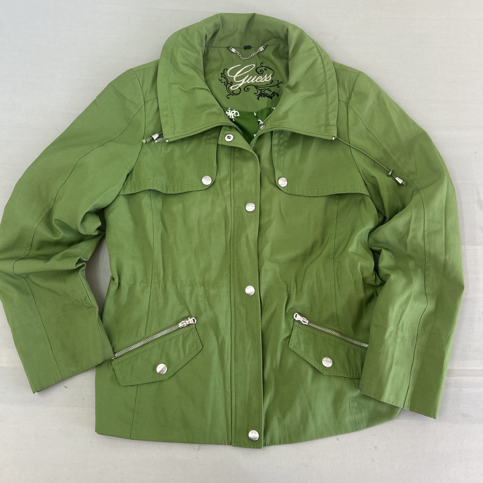 Guess Green Utility Jacket Women’s Large Military Safari Style Zip Snap Y2K