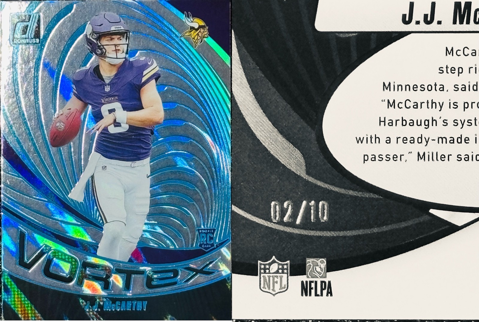 JJ McCarthy (Rookie) /10 2024 Panini Donruss Vortex #VOR-JMC Lava VIKINGS