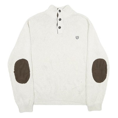 CHAPS Herren Creme Unifarben Knopf Jumper Rundhals Strick XL Baumwolle Ellbogen