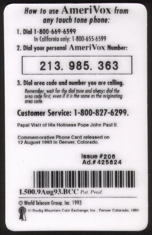 Pope John Paul II Historic Visit: Denver, Colorado Aug.1993 Ty.1 Phone Card - Image 2 of 2