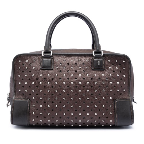 LOEWE Bicolor Leather Studded Perforated Amazona 36 Pre-Loved Handbag Dark Brown