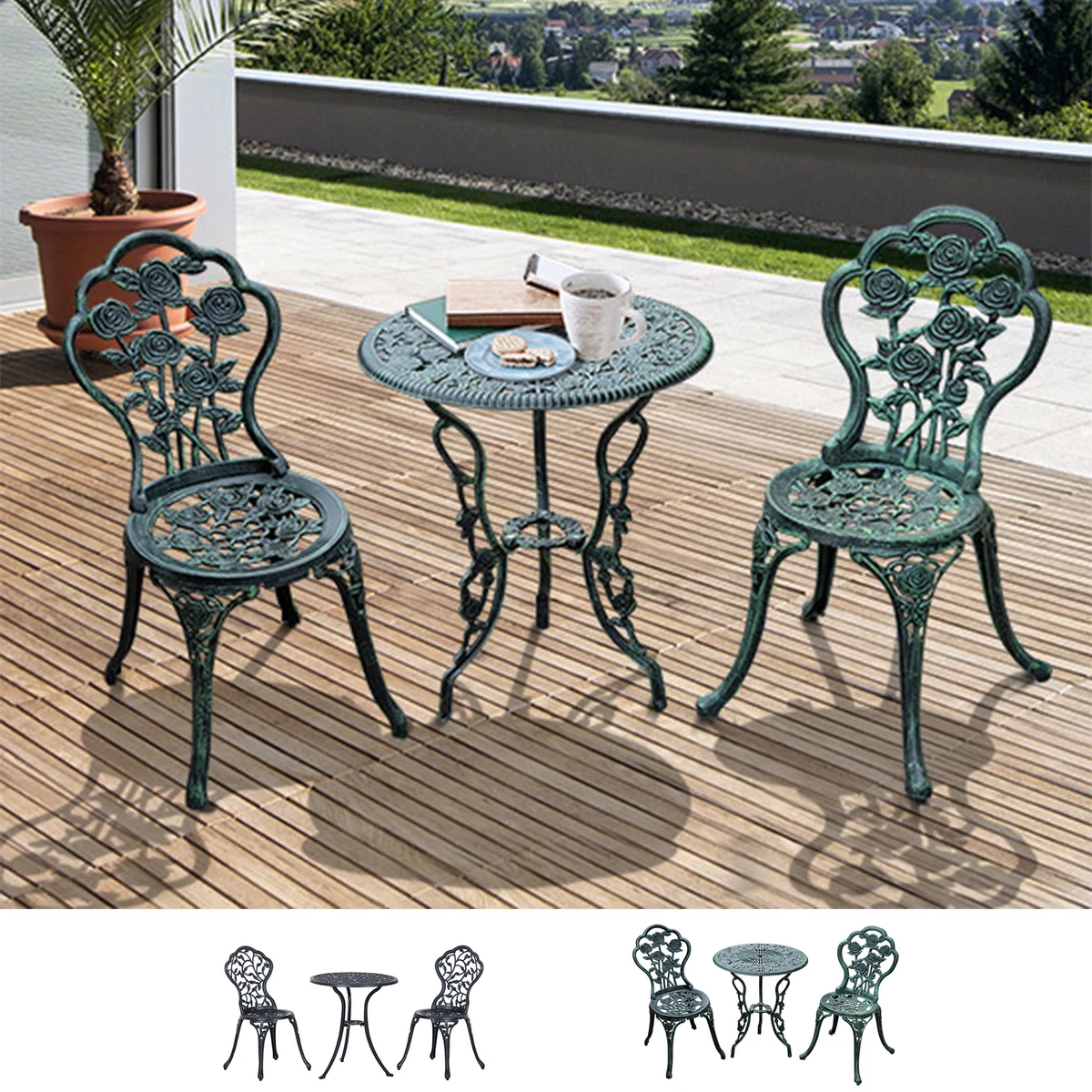 3 Pcs Cast Aluminum Bistro Set Garden Furniture Dining Table Chairs
