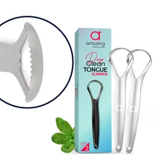 Deep Clean Tongue Scraper- Double-Ended - Flat + Serrated Edge Design, (2Pk) Sta