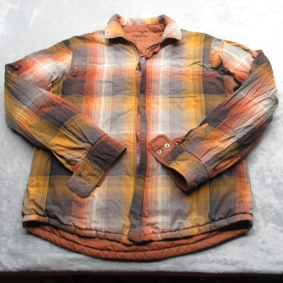 Prana Jacket Mens Medium Orange Plaid Pockets Reversible Full Zip Quilted Puffer - Image 2 of 4