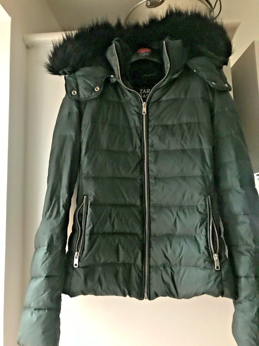 ZARA FEATHER JACKET DOWN COAT GREEN DETACHABLE HOOD AND FUR SIZE 8 | eBay