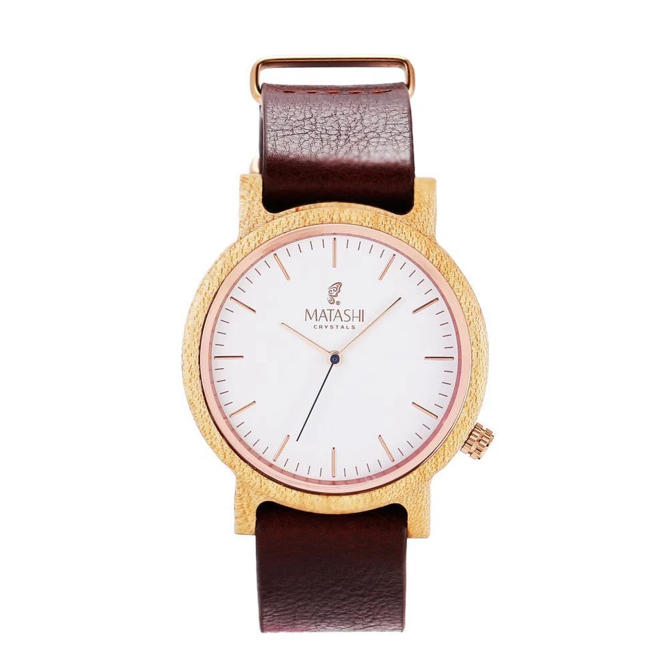 Matashi Mens and Womens Casual Wooden Wrist Watch with Brown Leather Strap 1ATM - Image 2 of 4