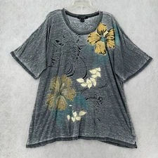 Citron Santa Monica Tshirt ONE SIZE Gray Asian Floral Burnout Top Blouse