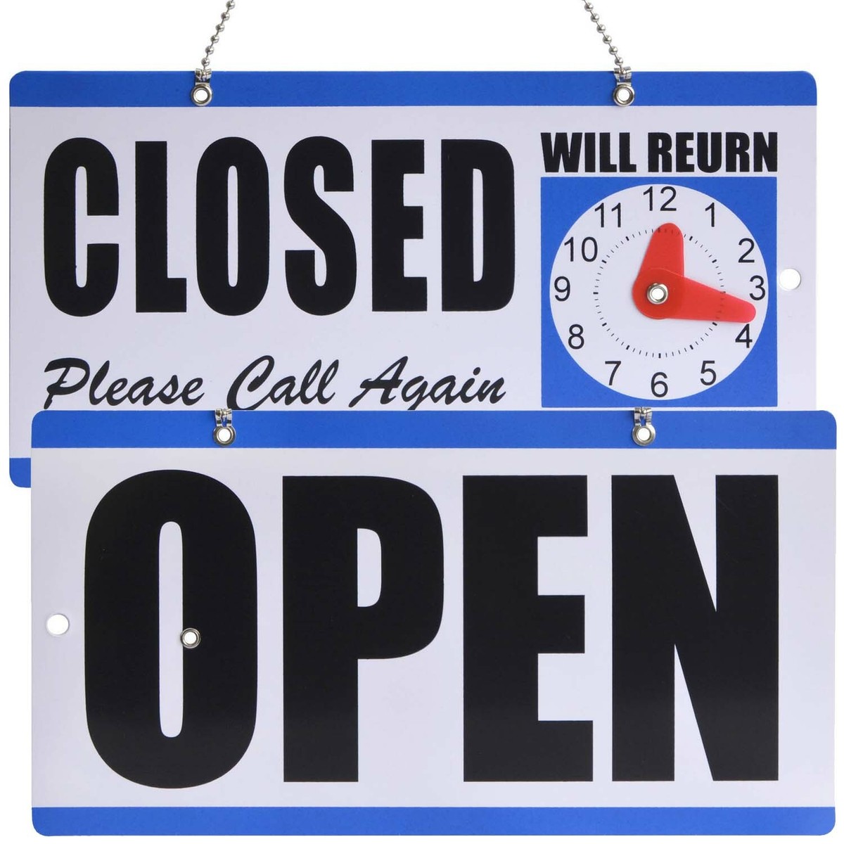 OPEN CLOSED Will Return Clock Sign with Hanger for Door Will