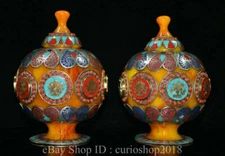 6.8"Old Tibet Silver Beeswax inlay turquoise Gem eight treasures Crock Pot Pair