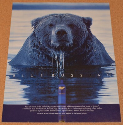 1997 Print Ad Blue Russian Skyy Vodka Bear water ice distillation filtration h20