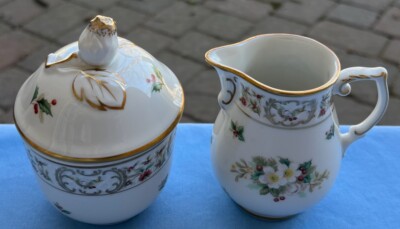 2 Pcs: Schumann Bavaria Dresden Christmas Flowers, Holly Creamer & Covered Sugar