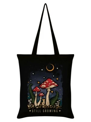 GRINDSTORE MAGICAL MUSHROOMS STILL GROWING Black Tote Bag: moon stars nature shopping gift