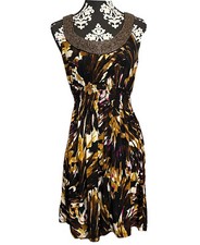 bisou bisou dress 8 medium brown beaded sleeveless abstract print