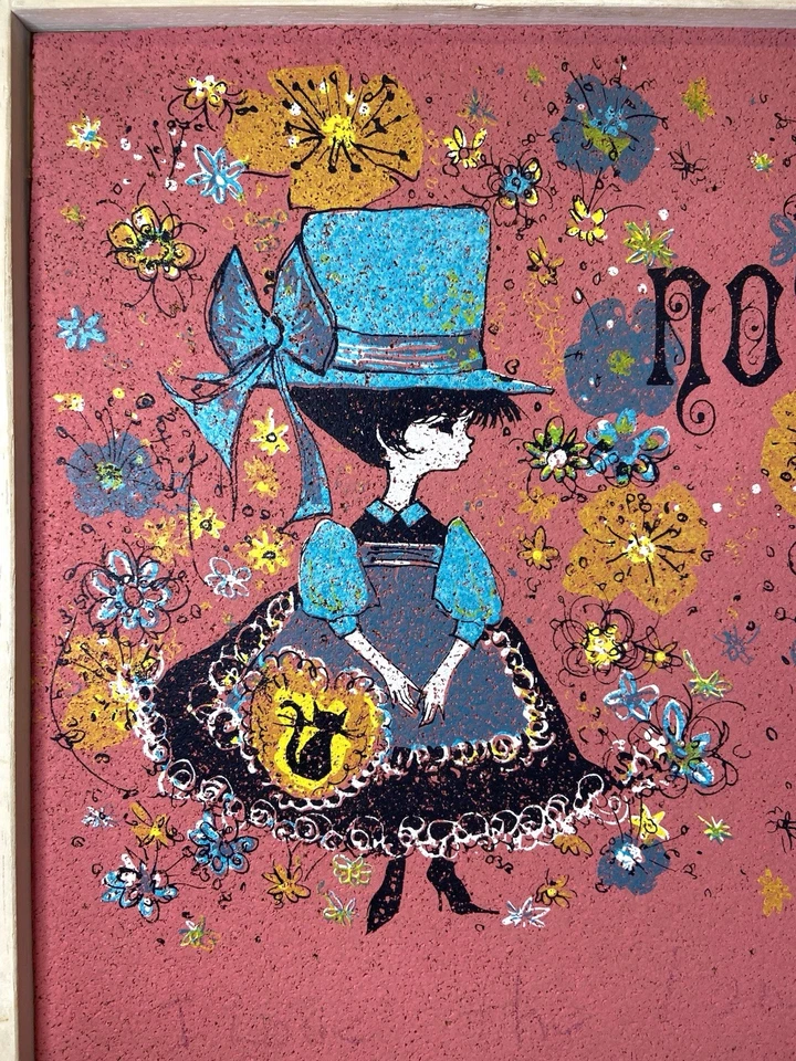 Vtg 1970’s MCM Pink Cork Bulletin Board Wood Frame Girl With Cat 25.5”x13.5” HTF - Image 2 of 4