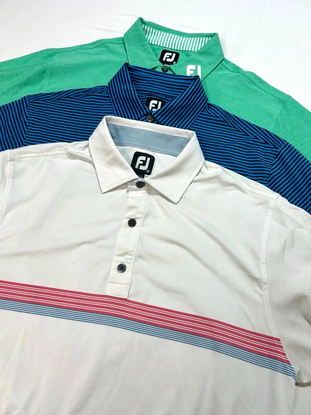 Lot of 3 FootJoy Performance Polo Shirts Men MediumStriped Golf All Over Print