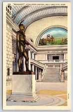 Salt Lake City Utah~Massasoit Statue~State Capitol Interior~Mural~Linen Postcard